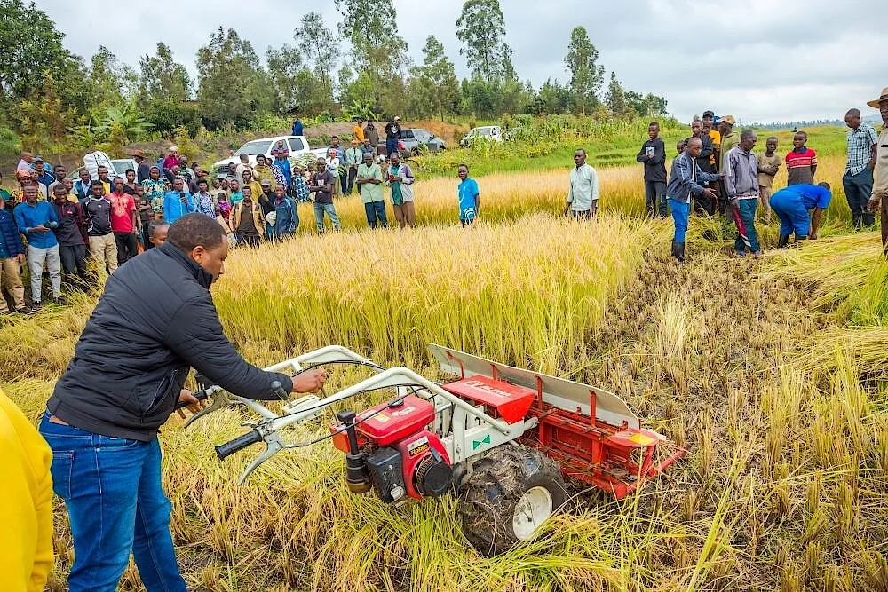 A rice harvesting machine demonstrated in a Gatsibo field.